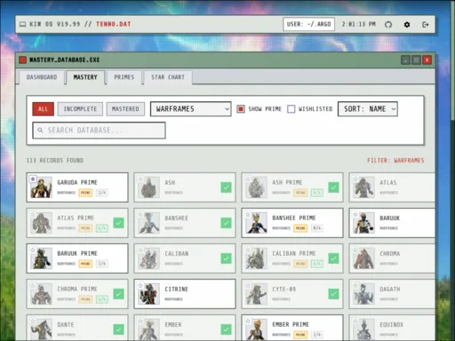 Mastery database showing ranked items