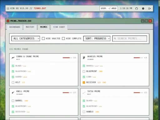 Prime parts tracker with component checklist